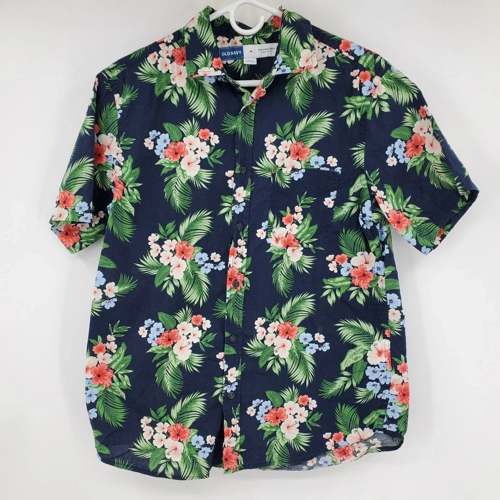 Old Navy Mens Everyday Shirt Medium Navy Blue Tropical Floral Palm Button Down